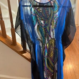 Bisou Bisou Blue Sheer Caftan with Teal, Purple & Black Accents